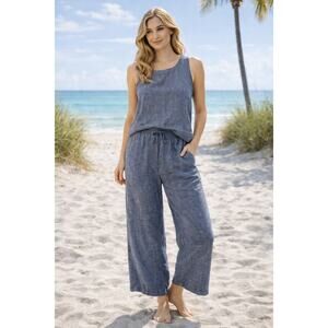 Sigrid Olsen 100% Linen Indigo Top L EUC